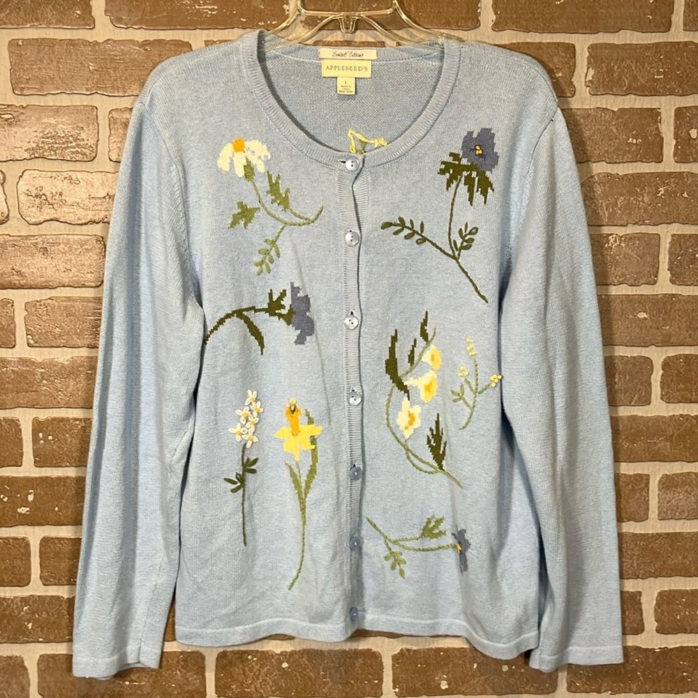 Vintage 90s Y2K floral embroidery Appleseed's cardigan Blue Daisy Large